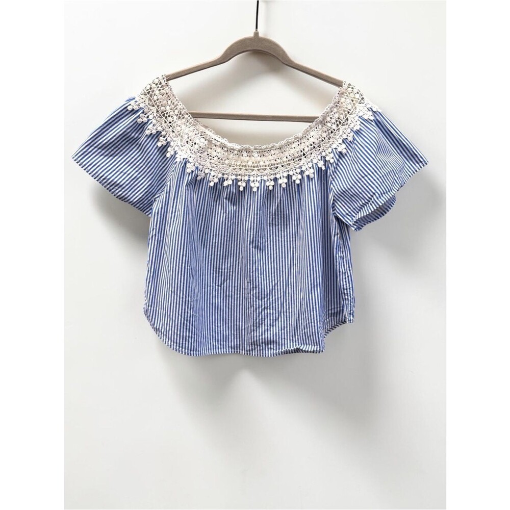 Ambiance Blue White Striped Crochet Off Shoulder Top Size Large Boho